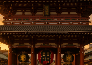 Imagen de un video generado por Sora 2 con estilo realista del Templo Senso-ji en Tokio. OpenAI