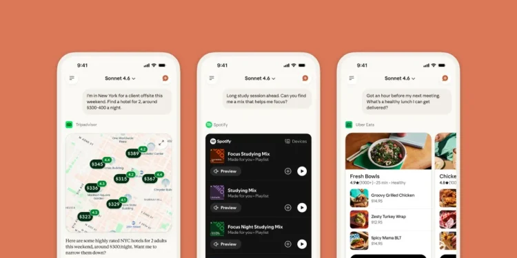 Claude se conecta directamente a sus aplicaciones personales como Spotify, Uber Eats y TurboTax. Claude se conecta directamente a sus aplicaciones personales como Spotify, Uber Eats y TurboTax.