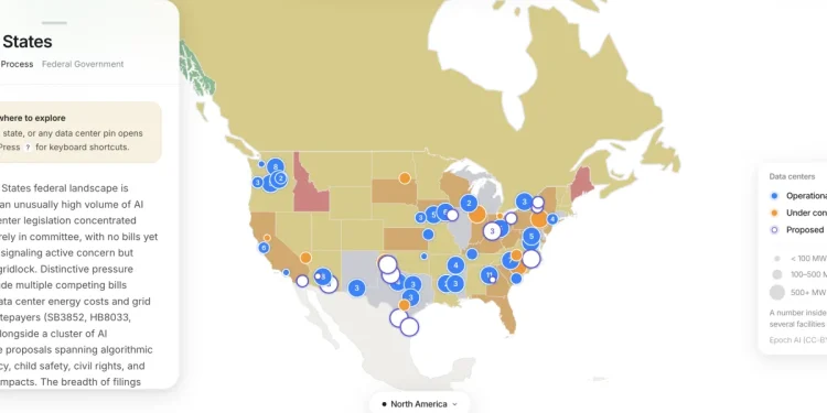 Este mapa rastrea los proyectos de centros de datos y la política de IA en todo el mundo. Este mapa rastrea los proyectos de centros de datos y la política de IA en todo el mundo.