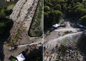 VIDEO: Policía y Ejército dispersan a bombazos y chorros de agua marcha contra minera en San Juan